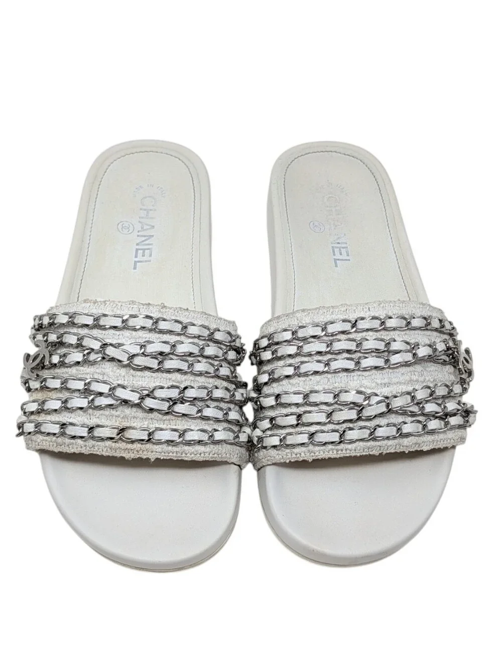 Chanel White Tweed Silver Chain Interlocking CC Charm Slide Sandals Size EU 39